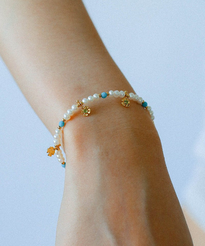 Original Design Freshwater Pearl & Blue Turquoise Tiny Flower Beaded Bracelet - floysun