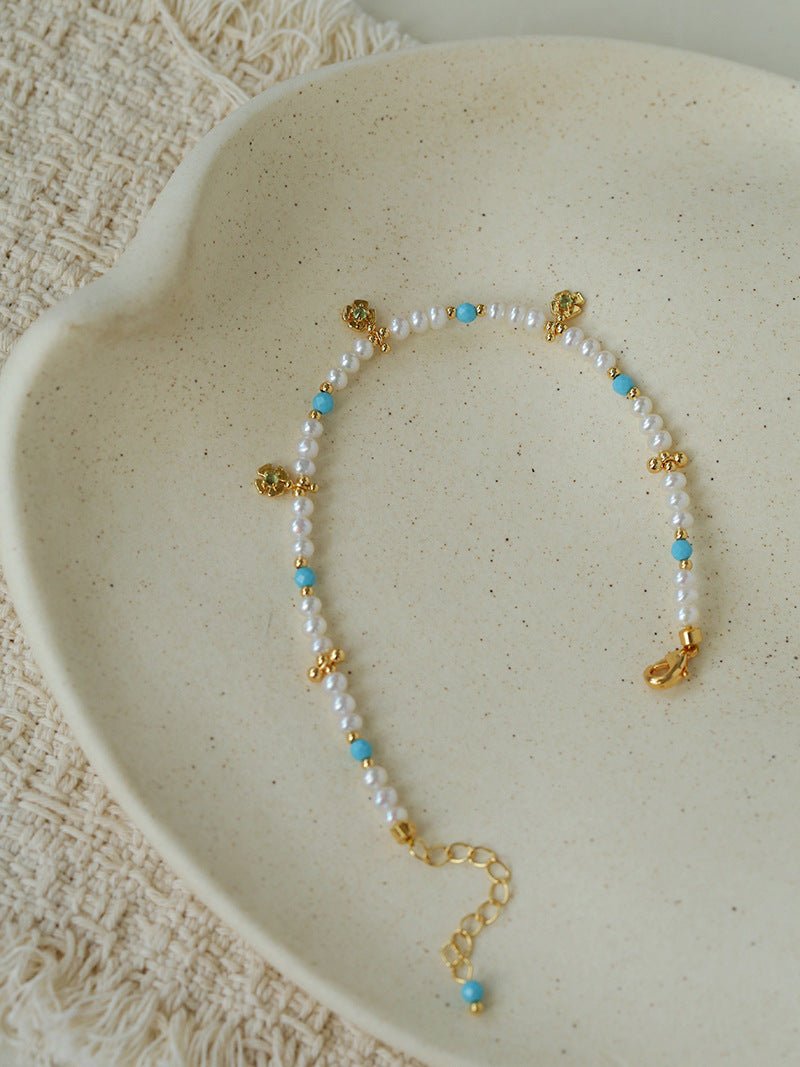 Original Design Freshwater Pearl & Blue Turquoise Tiny Flower Beaded Bracelet - floysun