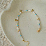Original Design Freshwater Pearl & Blue Turquoise Tiny Flower Beaded Bracelet - floysun