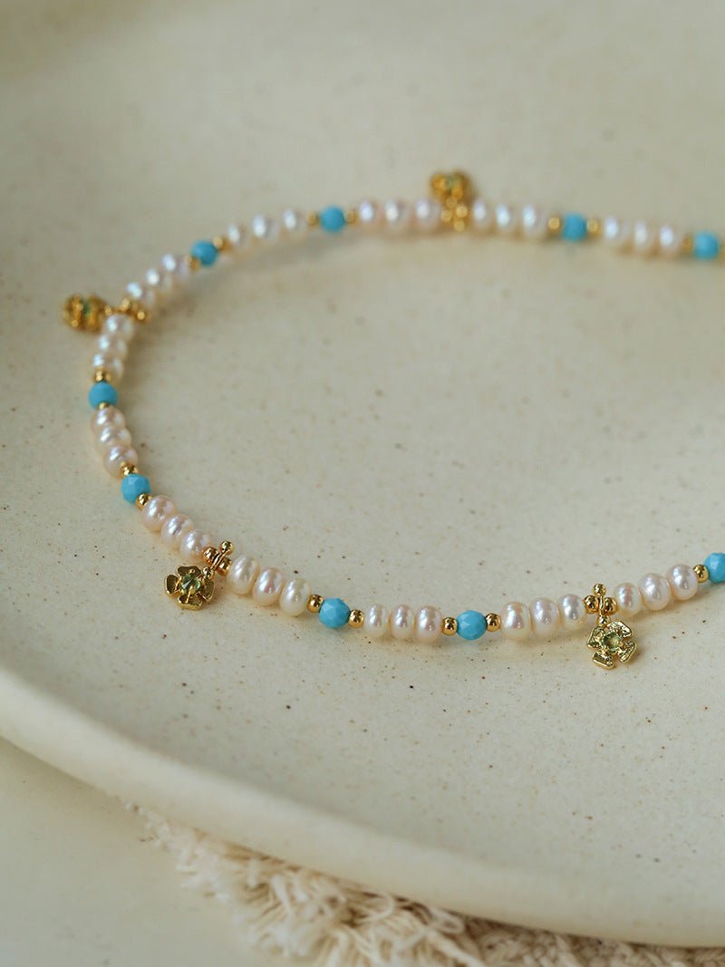 Original Design Freshwater Pearl & Blue Turquoise Tiny Flower Beaded Bracelet - floysun