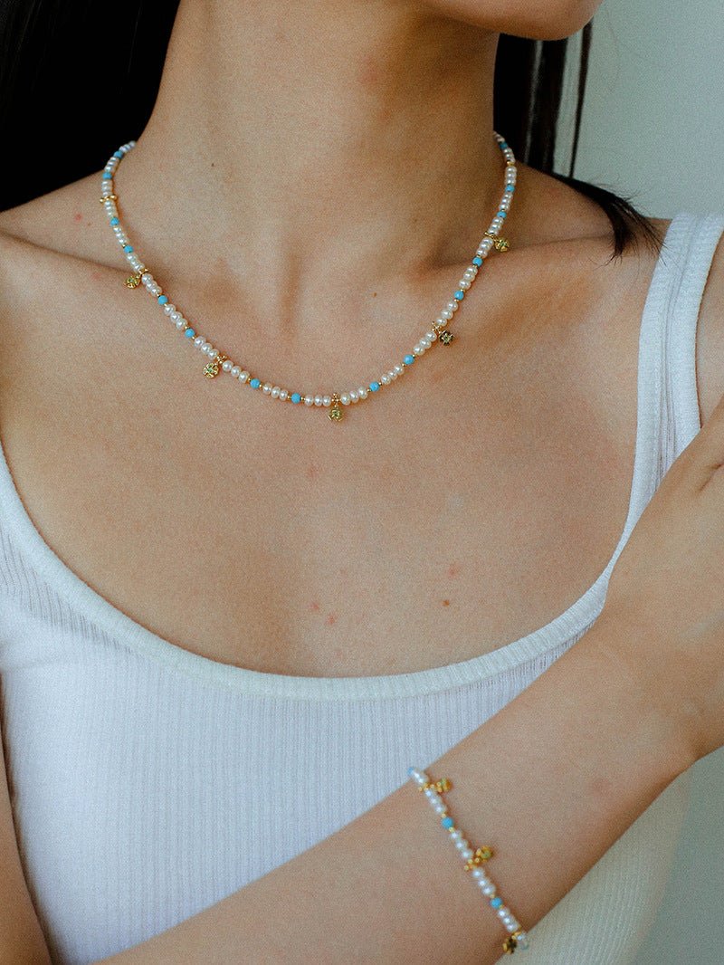 Original Design Freshwater Pearl & Blue Turquoise Tiny Flower Beaded Bracelet - floysun