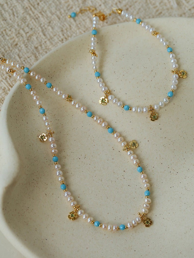 Original Design Freshwater Pearl & Blue Turquoise Tiny Flower Beaded Bracelet - floysun