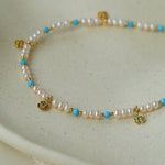 Original Design Freshwater Pearl & Blue Turquoise Tiny Flower Pendant Necklace - floysun
