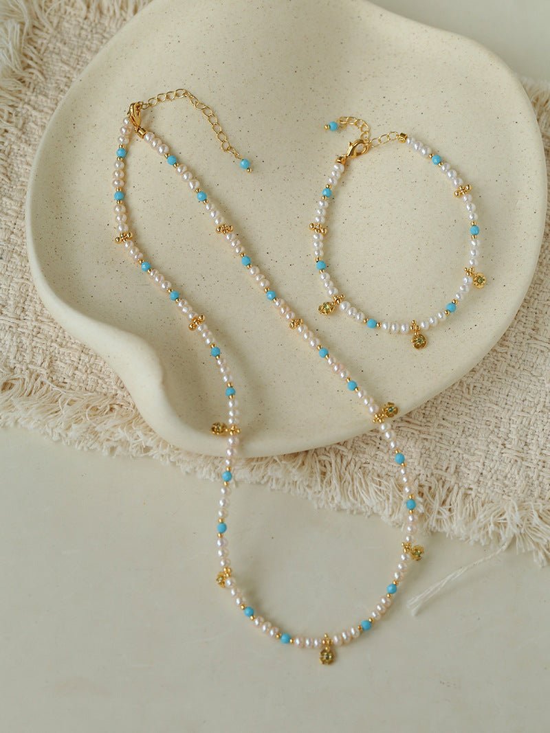 Original Design Freshwater Pearl & Blue Turquoise Tiny Flower Pendant Necklace - floysun
