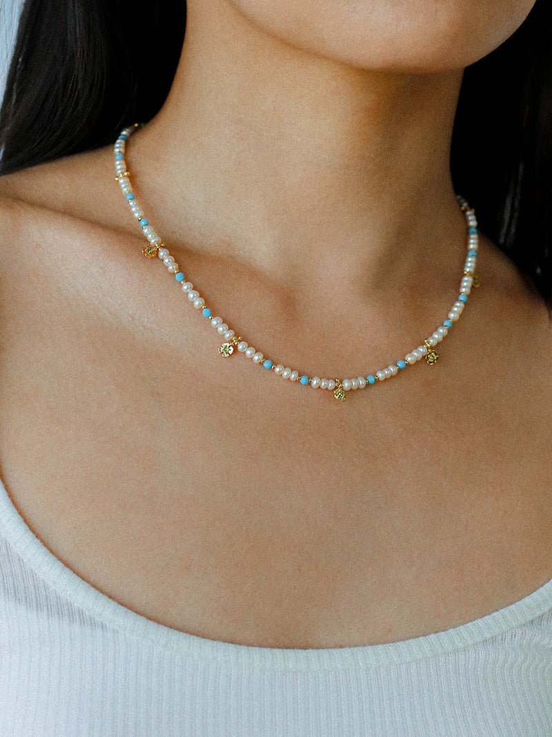 Original Design Freshwater Pearl & Blue Turquoise Tiny Flower Pendant Necklace - floysun
