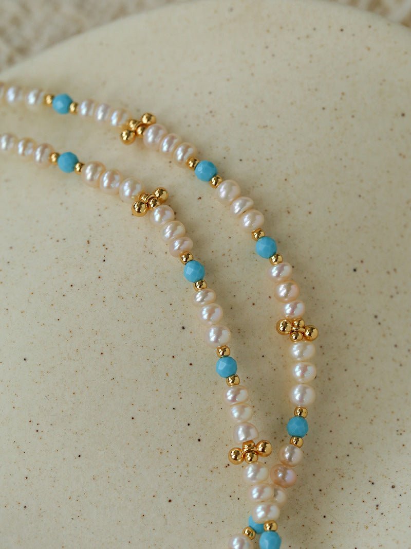 Original Design Freshwater Pearl & Blue Turquoise Tiny Flower Pendant Necklace - floysun