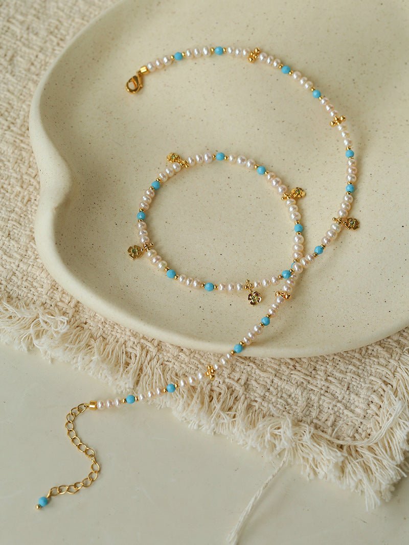 Original Design Freshwater Pearl & Blue Turquoise Tiny Flower Pendant Necklace - floysun