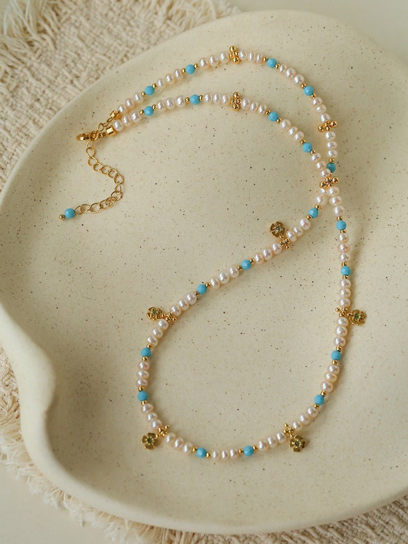 Original Design Freshwater Pearl & Blue Turquoise Tiny Flower Pendant Necklace - floysun