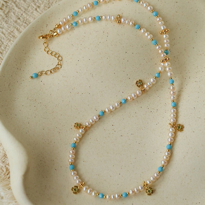 Original Design Freshwater Pearl & Blue Turquoise Tiny Flower Pendant Necklace - floysun