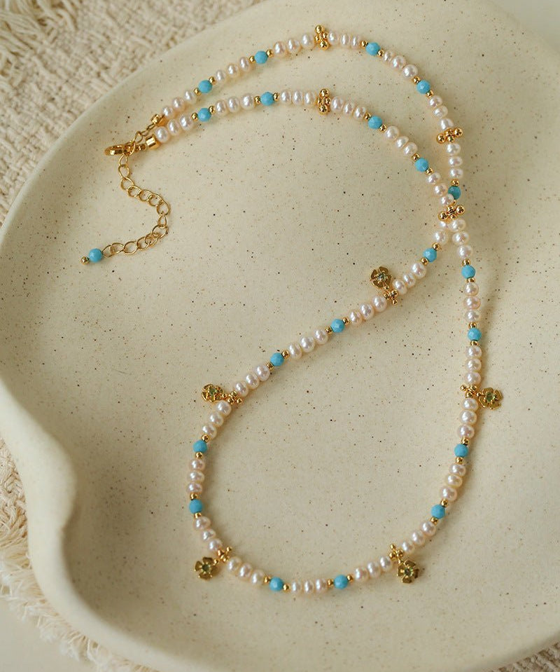 Original Design Freshwater Pearl & Blue Turquoise Tiny Flower Pendant Necklace - floysun