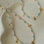 Original Design Freshwater Pearl & Blue Turquoise Tiny Flower Pendant Necklace - floysun