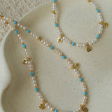 Original Design Freshwater Pearl & Blue Turquoise Tiny Flower Pendant Necklace - floysun
