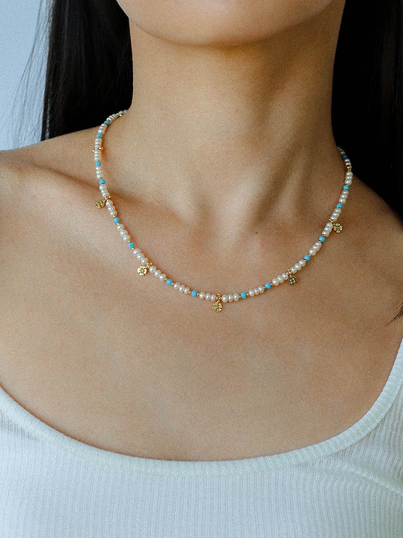 Original Design Freshwater Pearl & Blue Turquoise Tiny Flower Pendant Necklace - floysun