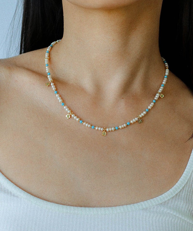 Original Design Freshwater Pearl & Blue Turquoise Tiny Flower Pendant Necklace - floysun