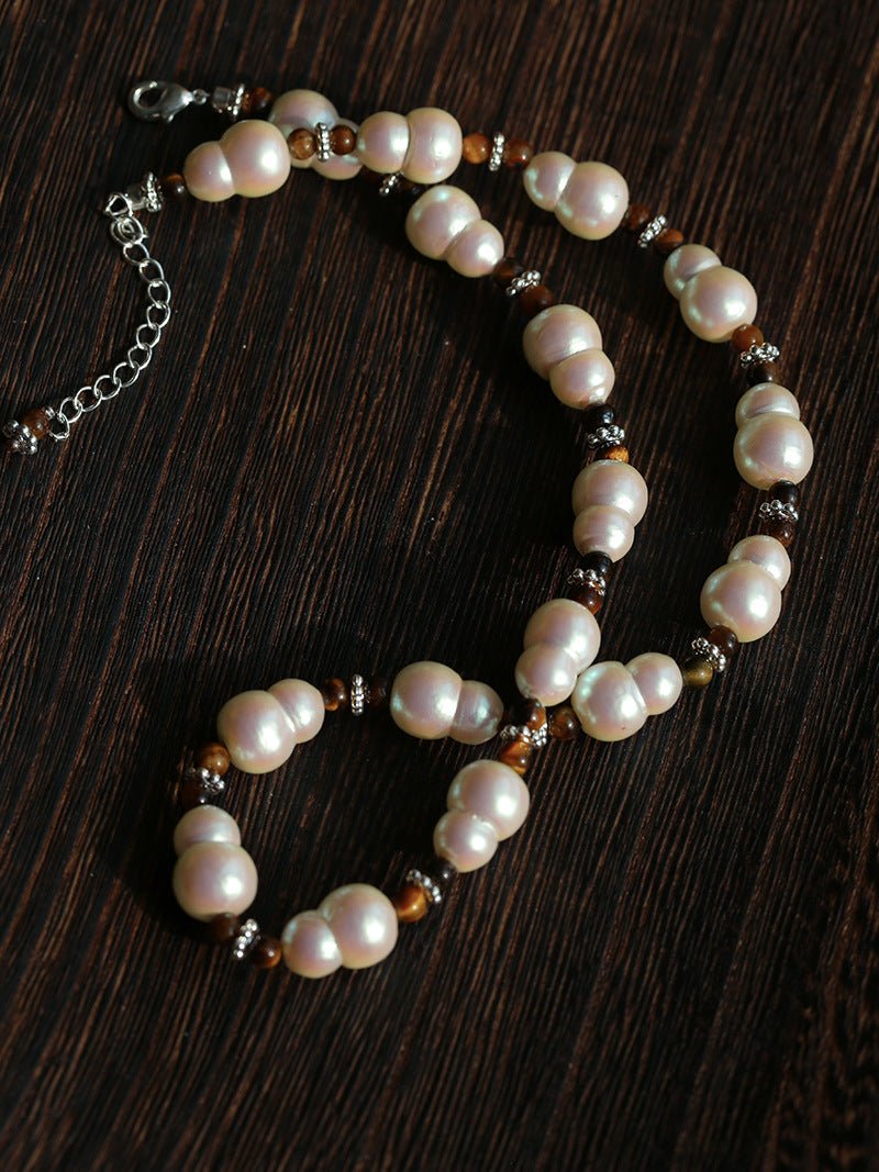 Original Vintage Pearl Gourd Necklace with Tiger’s Eye Beads - floysun