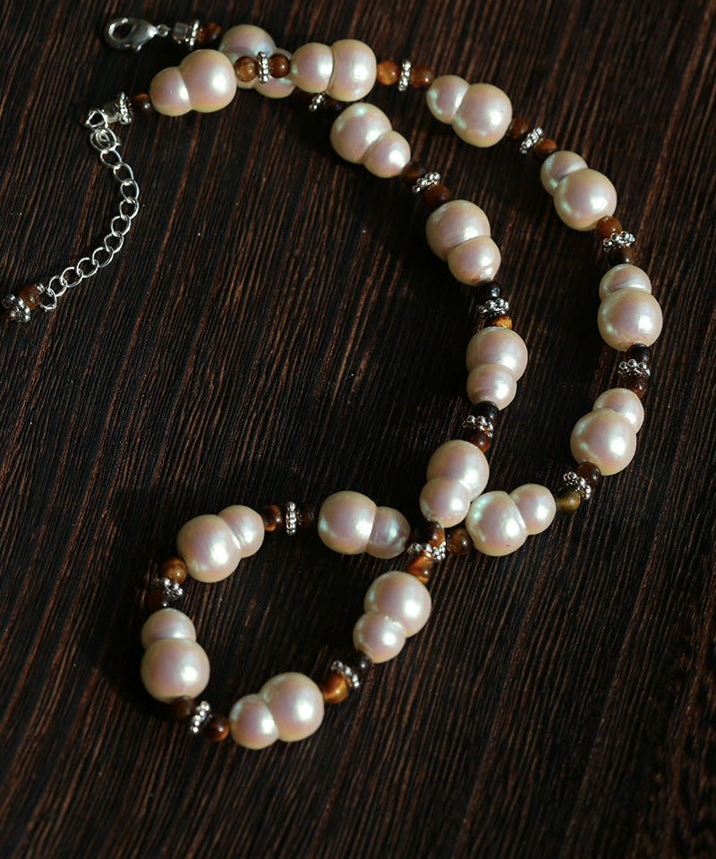 Original Vintage Pearl Gourd Necklace with Tiger’s Eye Beads - floysun