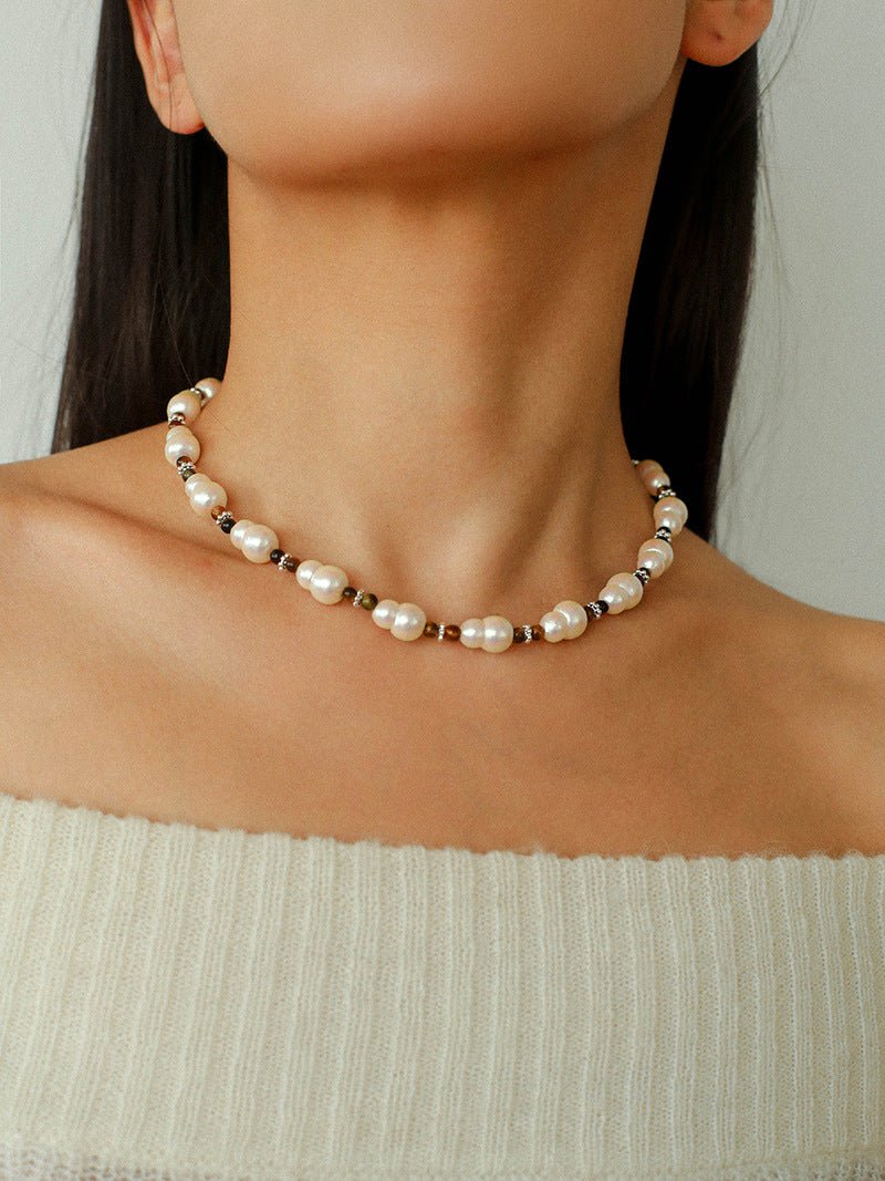 Original Vintage Pearl Gourd Necklace with Tiger’s Eye Beads - floysun