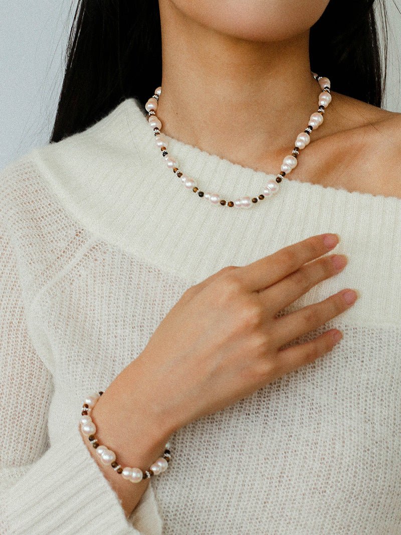 Original Vintage Pearl Gourd Necklace with Tiger’s Eye Beads - floysun