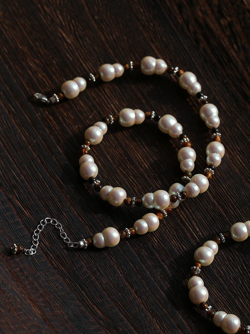 Original Vintage Pearl Gourd Necklace with Tiger’s Eye Beads - floysun