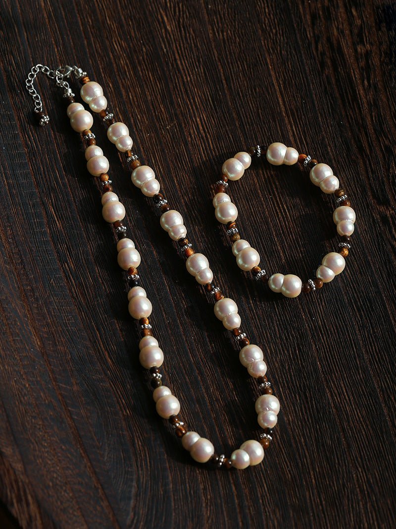 Original Vintage Pearl Gourd Necklace with Tiger’s Eye Beads - floysun