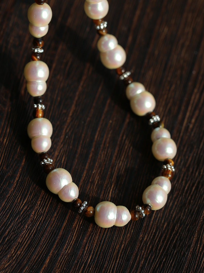 Original Vintage Pearl Gourd Necklace with Tiger’s Eye Beads - floysun