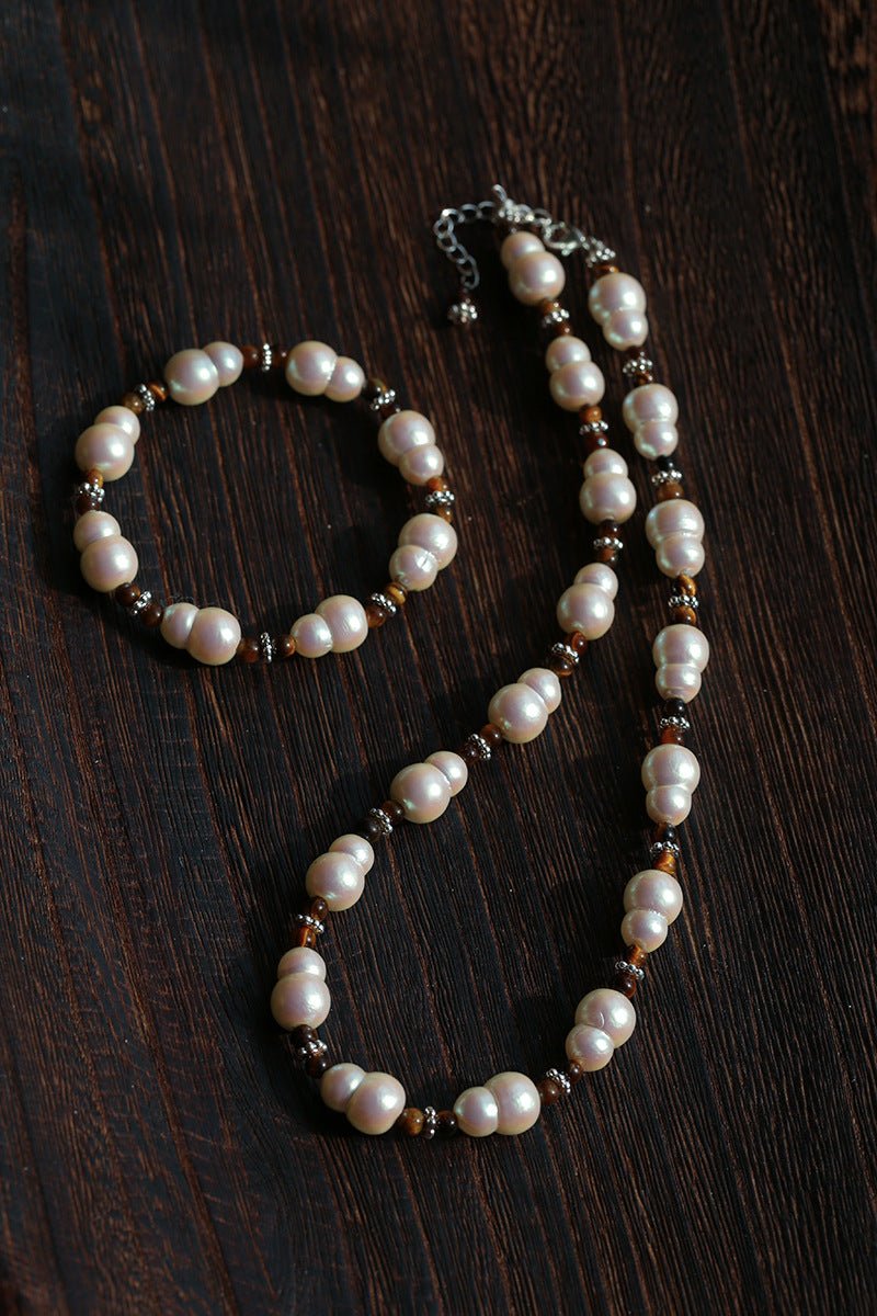 Original Vintage Pearl Gourd Necklace with Tiger’s Eye Beads - floysun