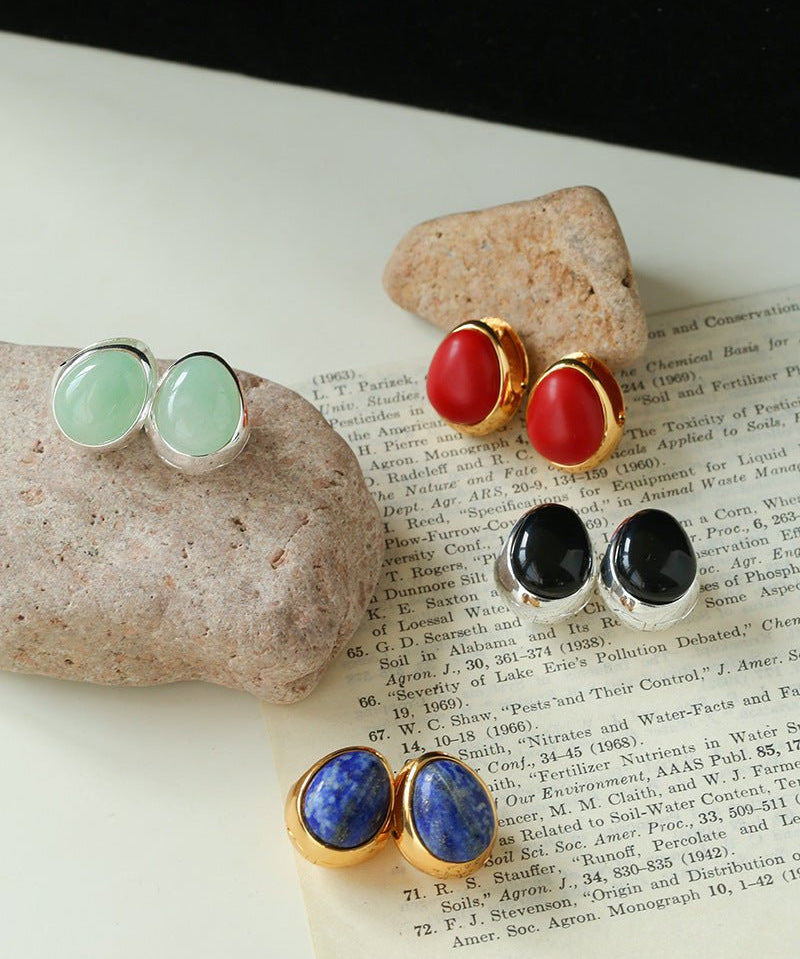 Oval Gemstone Stud Earrings - floysun