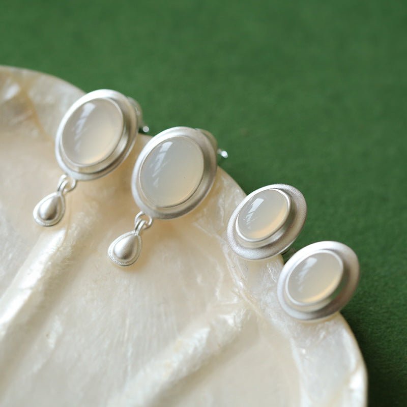 Oval Gemstone Water Drop Earrings-White Jade - floysun