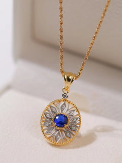 Oval Hollow Silver Petal Wrapped Sapphire Pendant Necklace - floysun