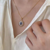 Oval Hollow Silver Petal Wrapped Sapphire Pendant Necklace - floysun