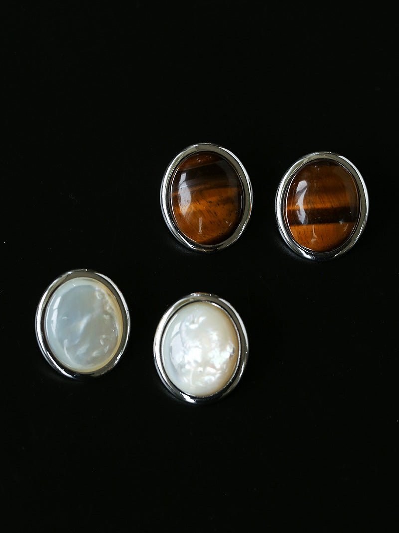 Oval Mother - of - Pearl & Tiger’s Eye Stud Earrings - floysun