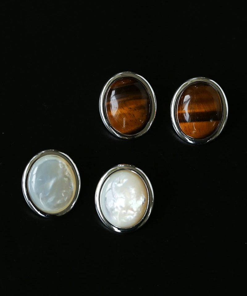Oval Mother - of - Pearl & Tiger’s Eye Stud Earrings - floysun