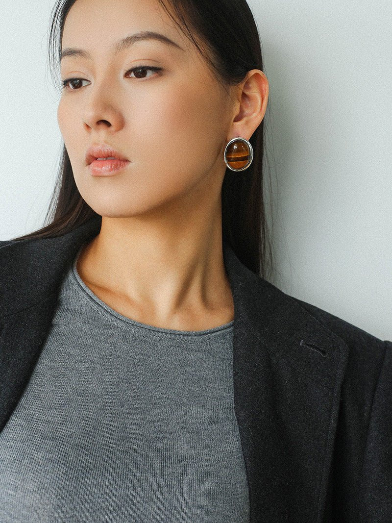 Oval Mother - of - Pearl & Tiger’s Eye Stud Earrings - floysun