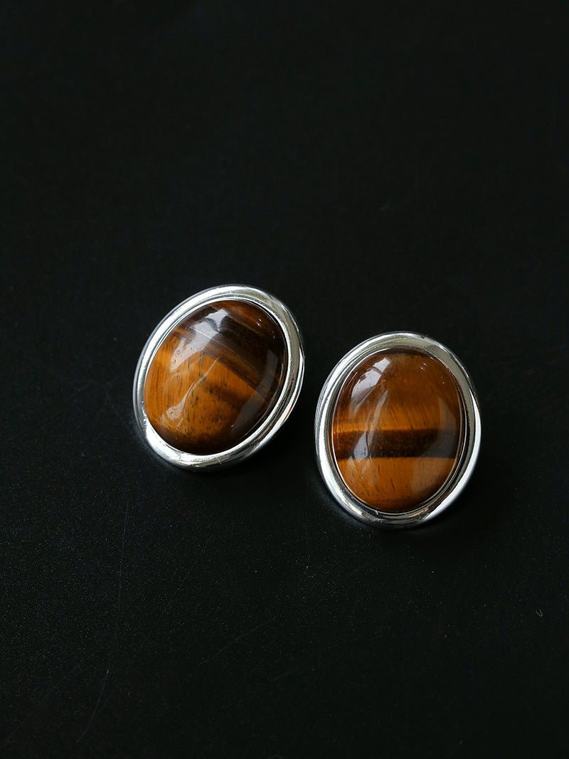 Oval Mother - of - Pearl & Tiger’s Eye Stud Earrings - floysun