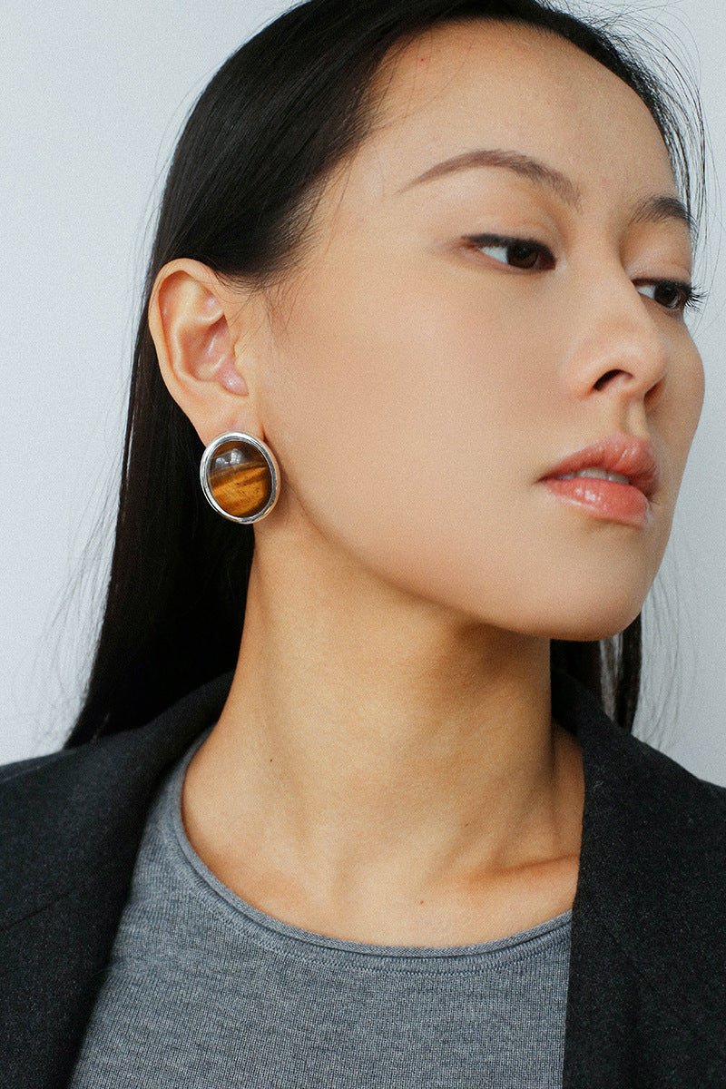 Oval Mother - of - Pearl & Tiger’s Eye Stud Earrings - floysun