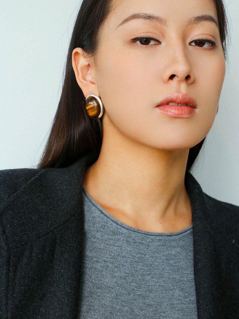 Oval Mother - of - Pearl & Tiger’s Eye Stud Earrings - floysun