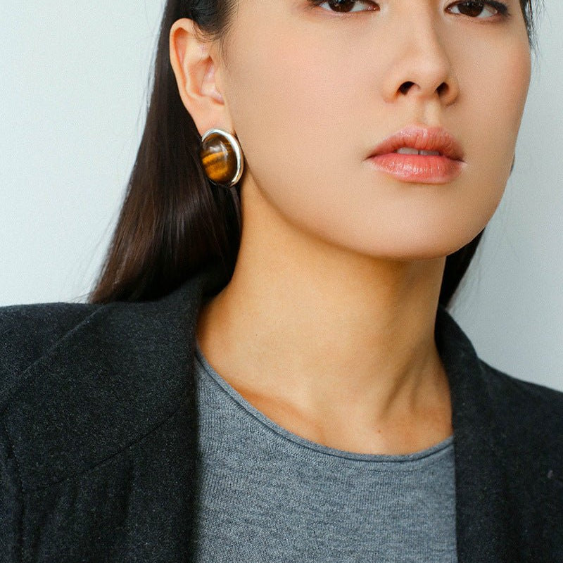 Oval Mother - of - Pearl & Tiger’s Eye Stud Earrings - floysun