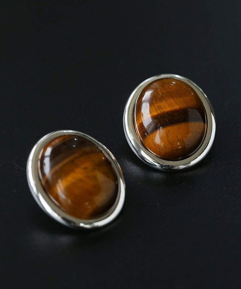 Oval Mother - of - Pearl & Tiger’s Eye Stud Earrings - floysun