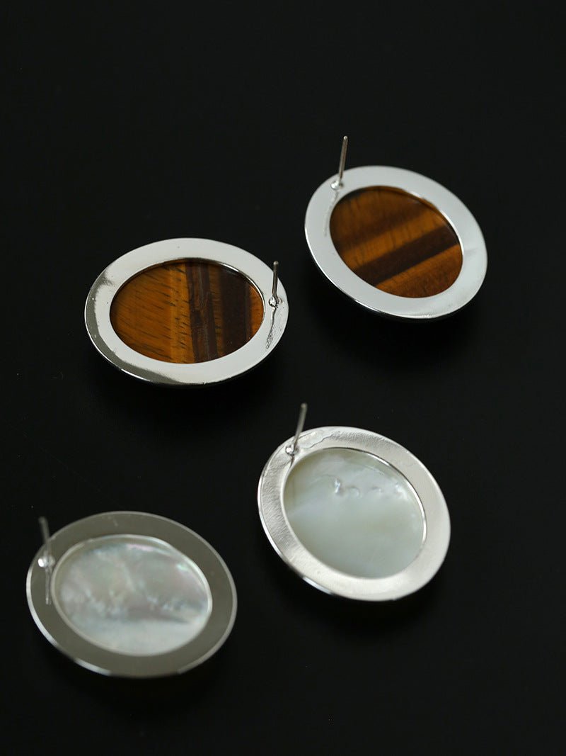 Oval Mother - of - Pearl & Tiger’s Eye Stud Earrings - floysun