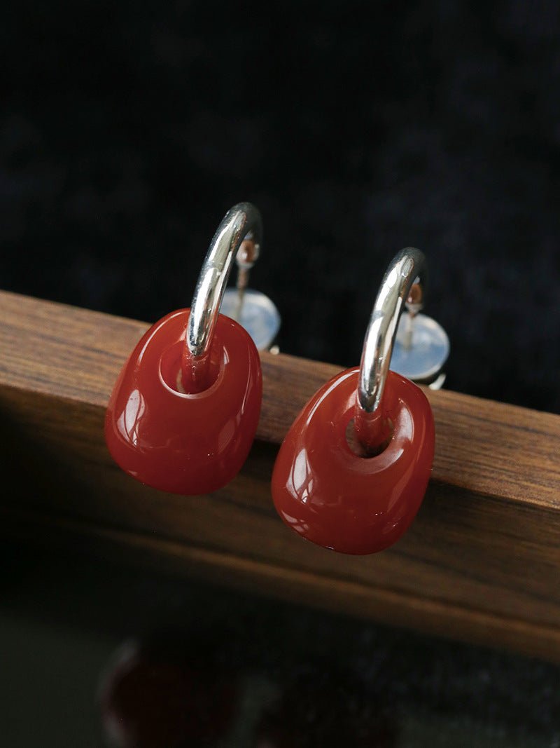 Oval Natural Red Agate And White Agate C-Shaped Earrings - floysun