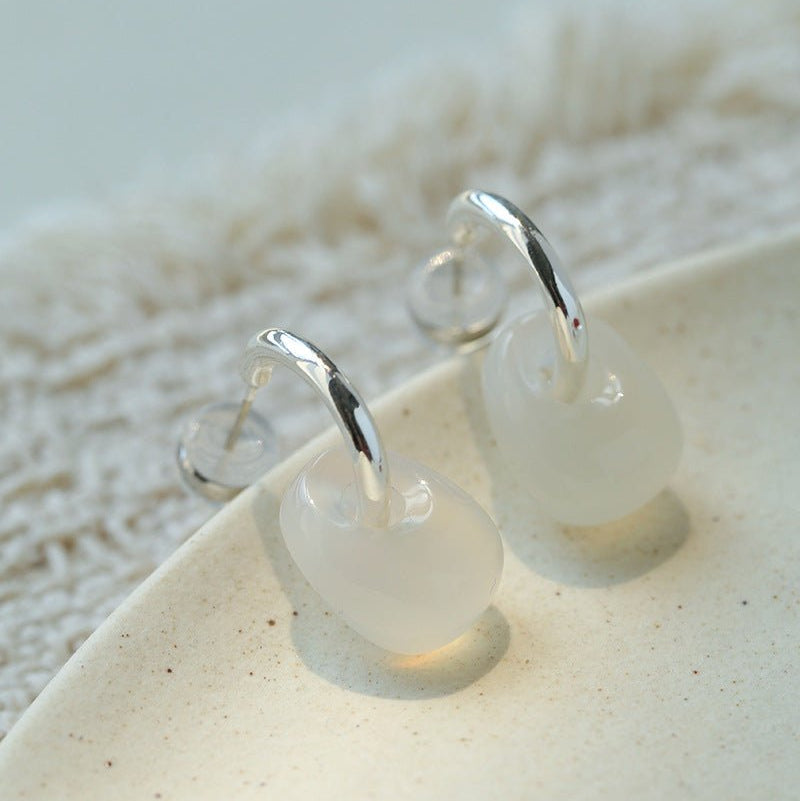 Oval Natural Red Agate And White Agate C-Shaped Earrings - floysun