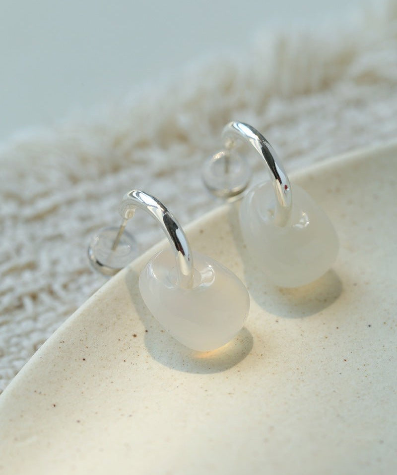 Oval Natural Red Agate And White Agate C-Shaped Earrings - floysun