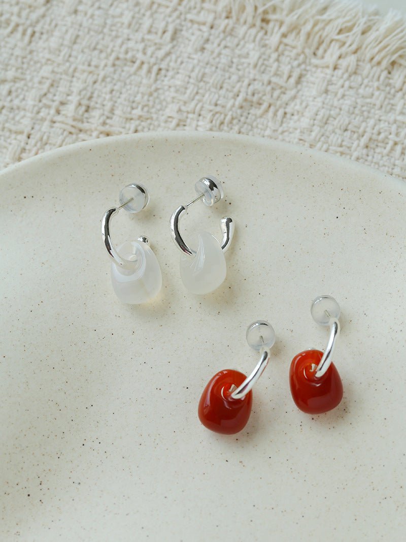 Oval Natural Red Agate And White Agate C-Shaped Earrings - floysun