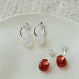 Oval Natural Red Agate And White Agate C-Shaped Earrings - floysun