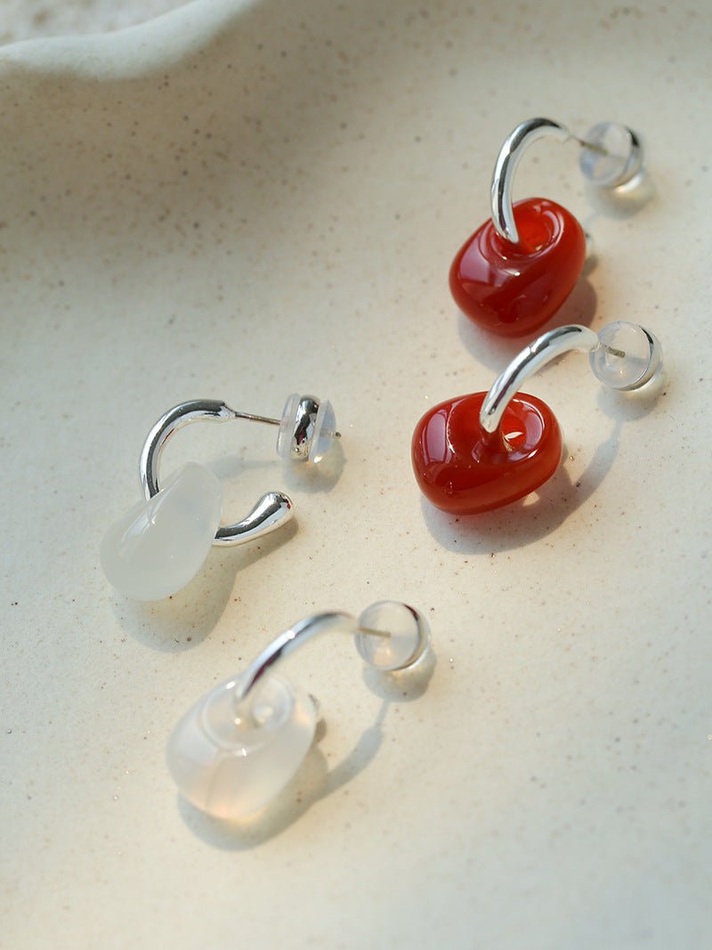 Oval Natural Red Agate And White Agate C-Shaped Earrings - floysun