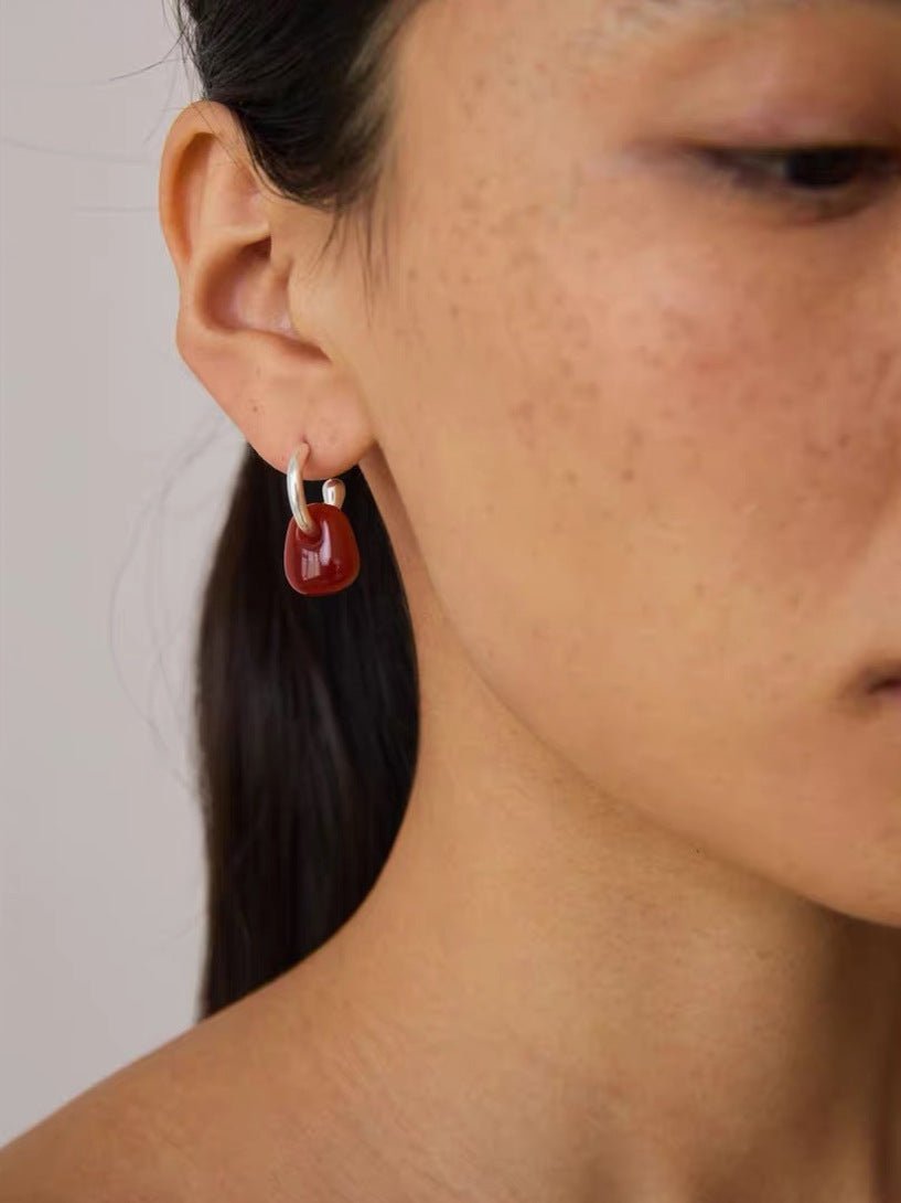 Oval Natural Red Agate And White Agate C-Shaped Earrings - floysun