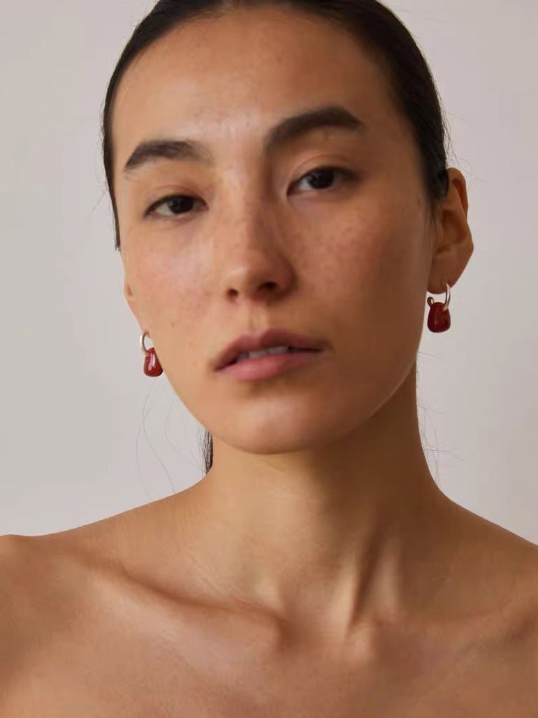 Oval Natural Red Agate And White Agate C-Shaped Earrings - floysun