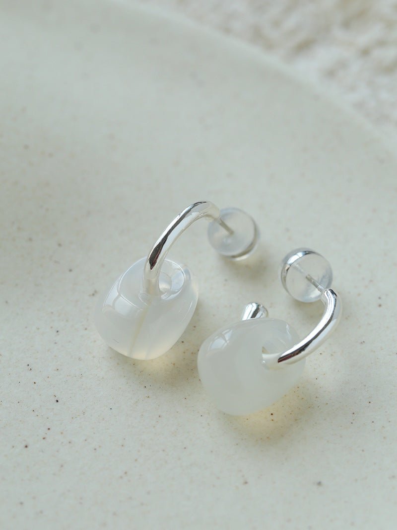 Oval Natural Red Agate And White Agate C-Shaped Earrings - floysun