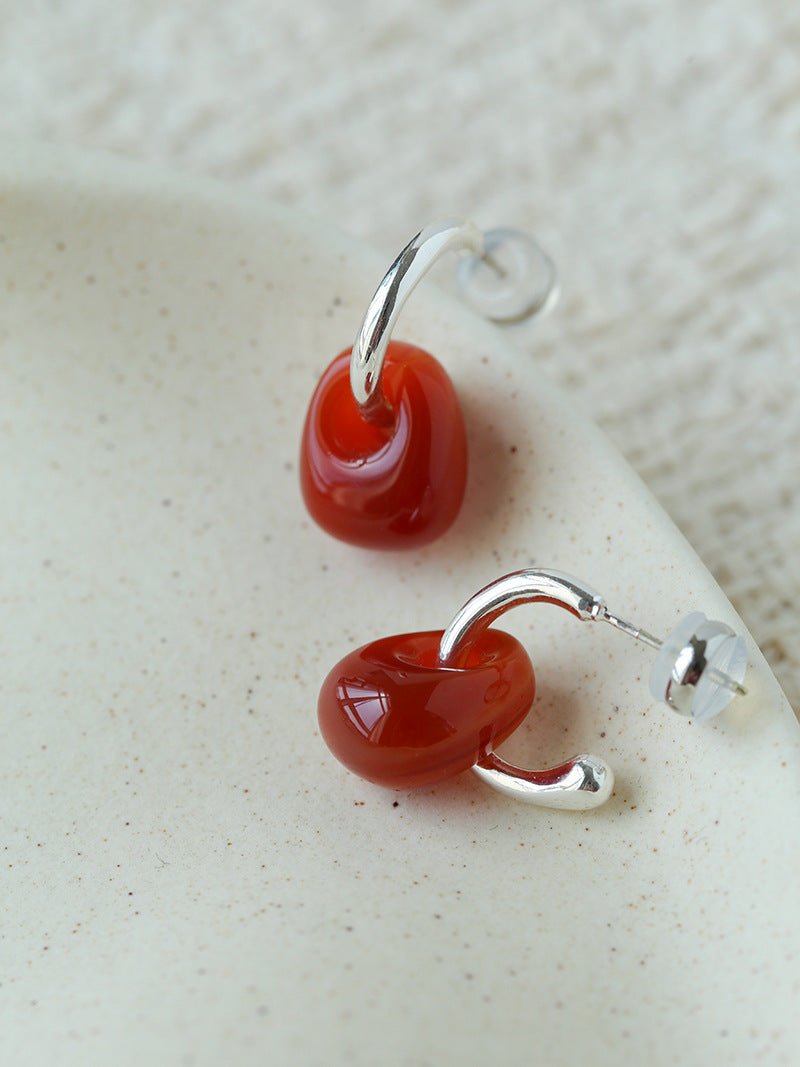 Oval Natural Red Agate And White Agate C-Shaped Earrings - floysun