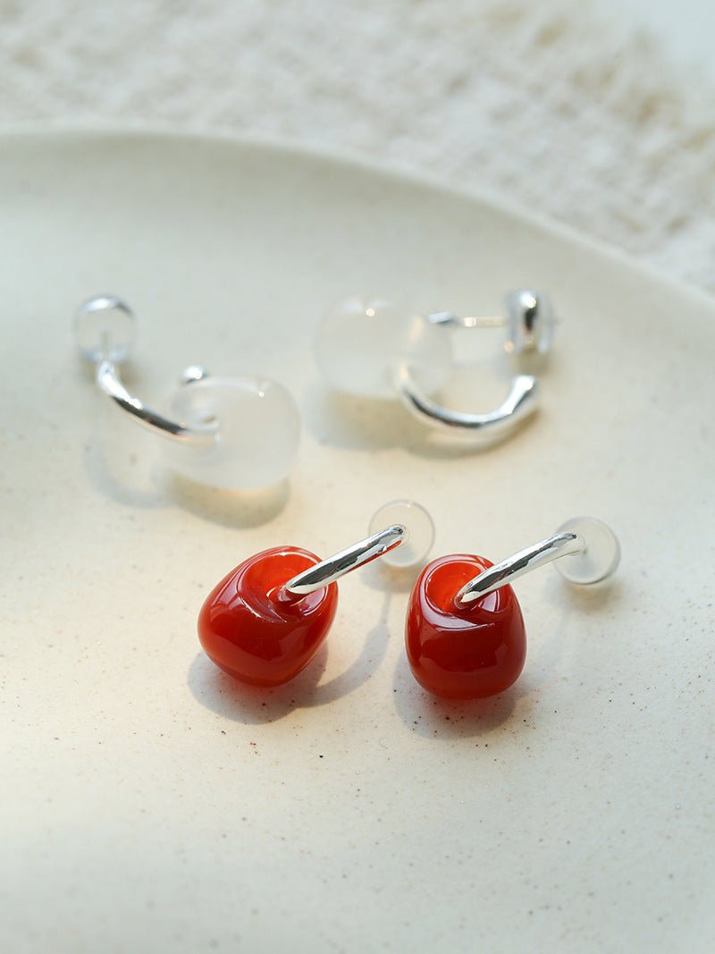 Oval Natural Red Agate And White Agate C-Shaped Earrings - floysun
